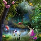 Colorful birds in enchanted forest with lush flora & twinkling lights