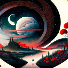 Colorful Psychedelic Landscape Art with Moon, Stars, and River