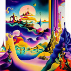 Colorful surrealistic painting with swirling landscapes, ornate architecture, and floating clock.