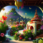 Fantasy Oriental landscape with pagoda-style buildings, waterfalls, lush forests, and gardens at twilight