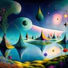 Colorful Abstract Landscape with Trees, Flowers, and Creatures