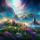 Colorful fantasy landscape with blue mountains, purple flora, and a magical sky