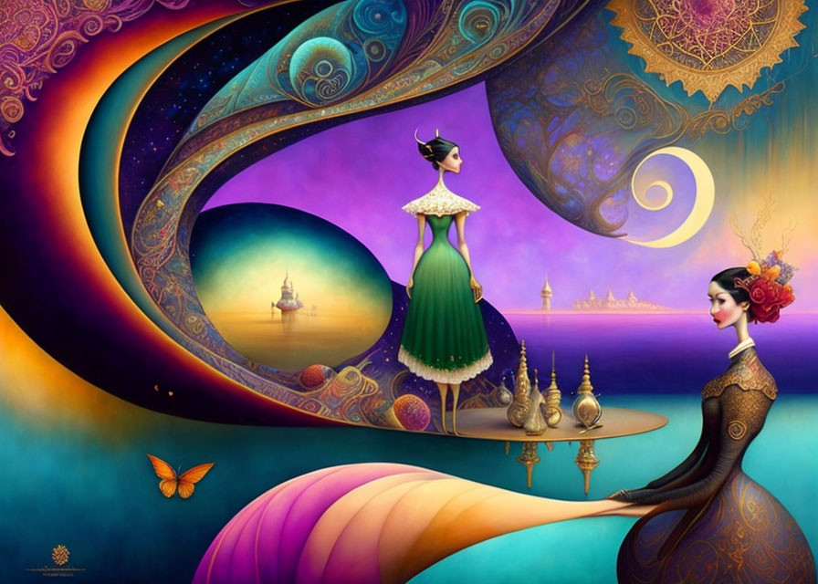 Vibrant surreal artwork: two women, elegant dresses, ornate patterns, whimsical shapes,