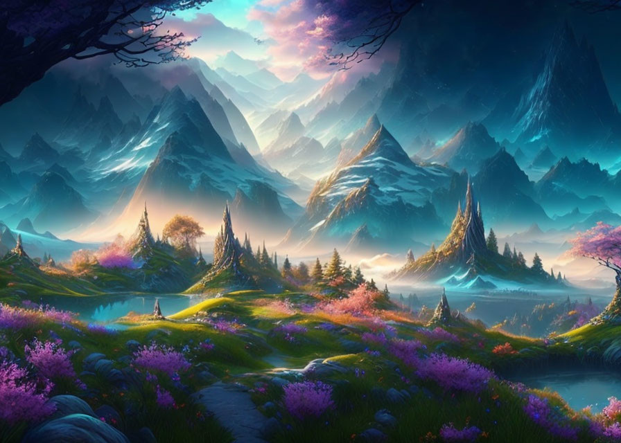 Colorful fantasy landscape with blue mountains, purple flora, and a magical sky