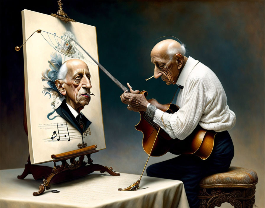 Elderly Man Plays Cello Blending Into Painted Portrait