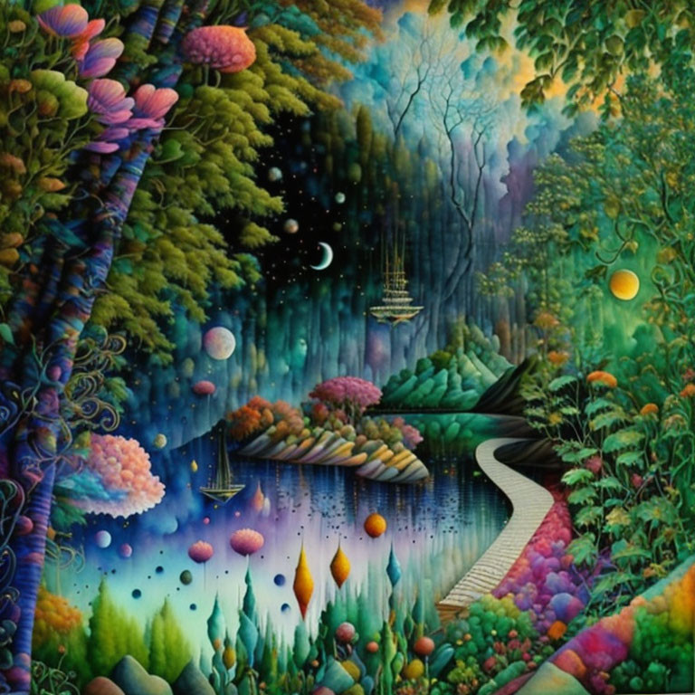 Surreal landscape with starry sky, moon, planets, lush vegetation, winding path, and