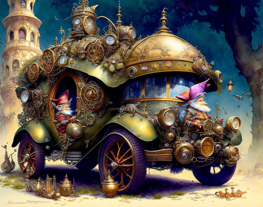 Illustration of two gnomes in clockwork car with fantastical backdrop