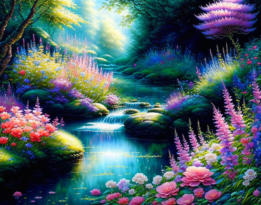 Colorful Fantasy Landscape with Stream and Radiant Light Beams