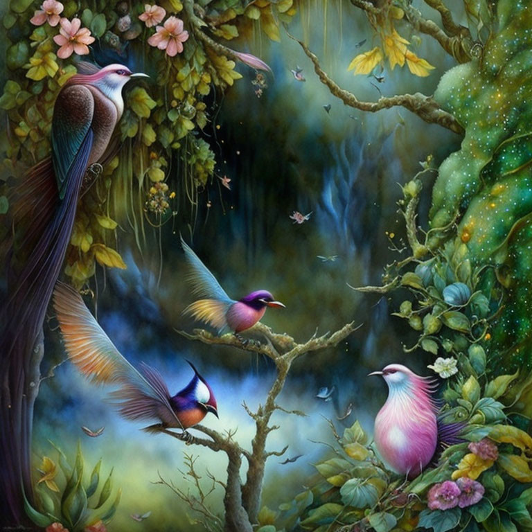 Colorful birds in enchanted forest with lush flora & twinkling lights