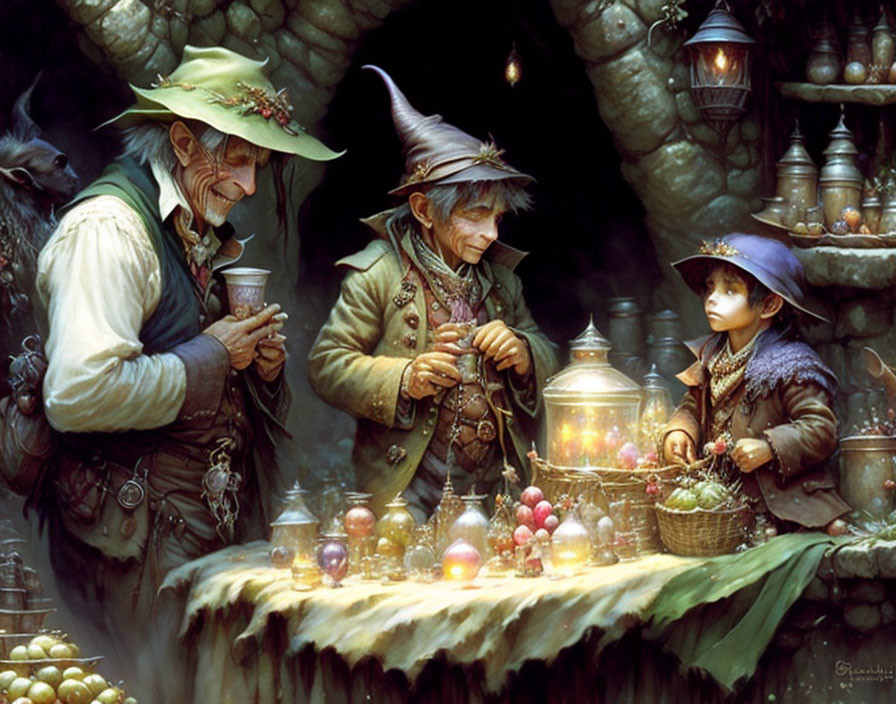 Fantasy characters at glowing orb stall with blue and green hats.