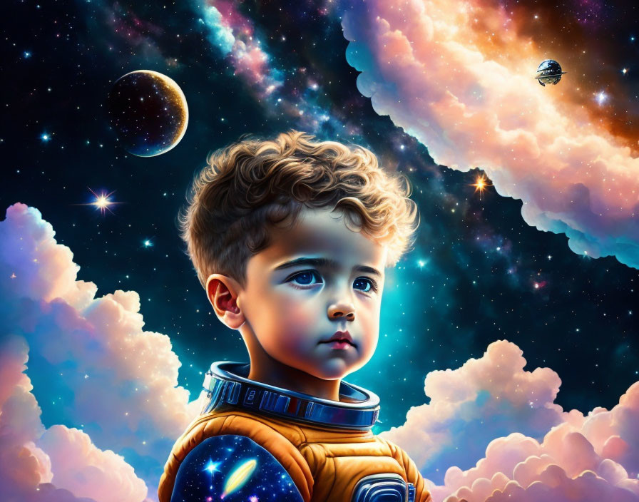 Curly-Haired Child in Astronaut Suit Observing Cosmic Sky