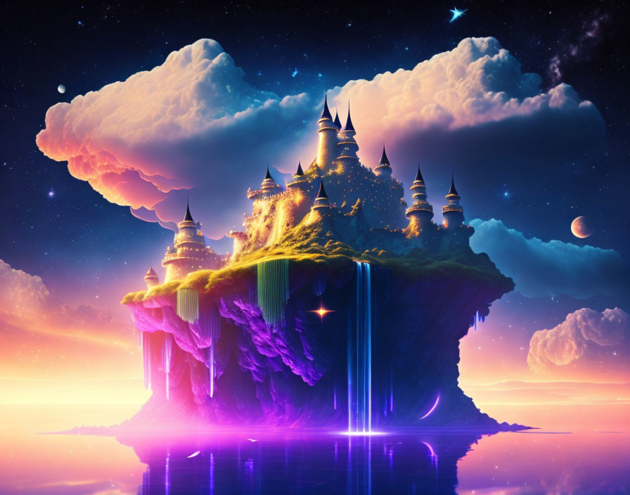 Floating Island with Castles, Waterfalls, & Celestial Bodies in Twilight Sky