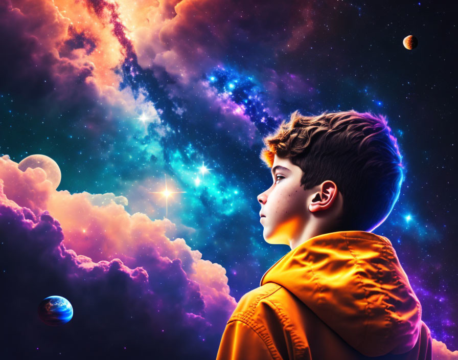 Boy in orange jacket gazes at vivid cosmic sky with stars, nebulae, and planets.