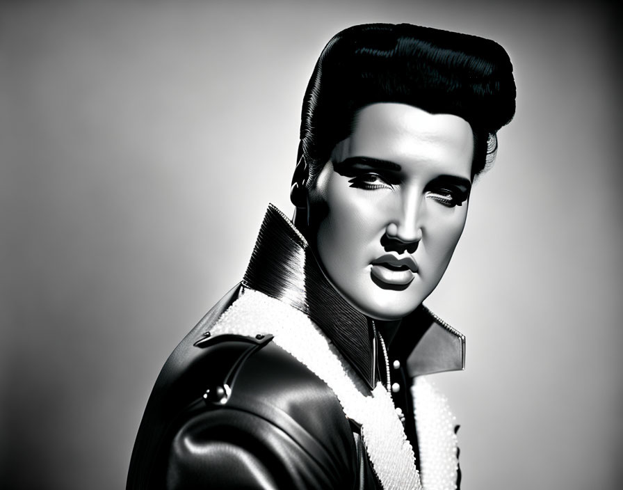 Monochrome image of man with pompadour hairstyle in leather jacket against gradient backdrop