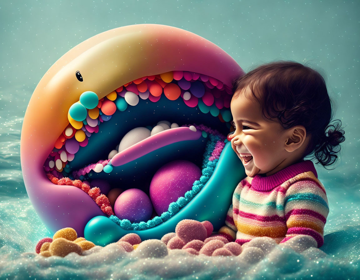 Toddler laughing with whimsical candy-like whale in sparkling sea