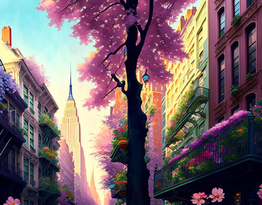 Colorful city street with classical buildings, pink flowering trees, balconies, and skyscraper glimpse