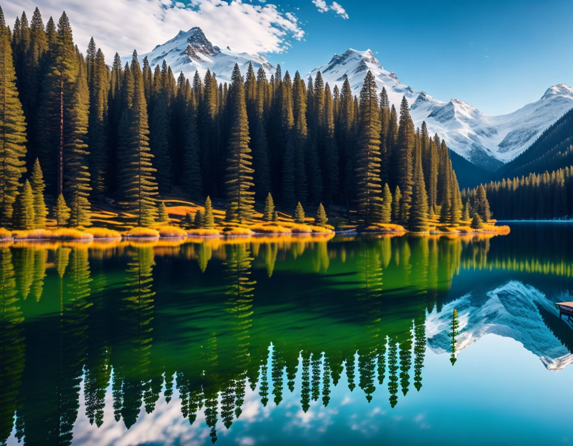 Tranquil Mountain Lake with Pine Trees Reflection