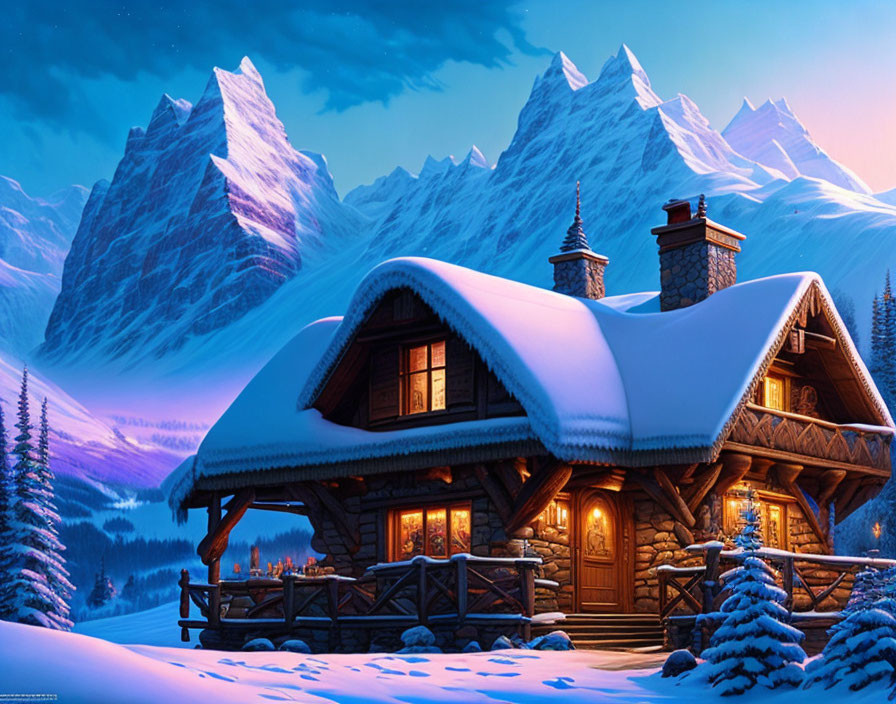 Snow-covered log cabin illuminated against twilight-lit snowy mountains