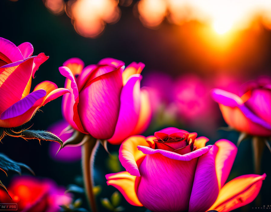 Pink Roses in Full Bloom Against Sunset Bokeh Background