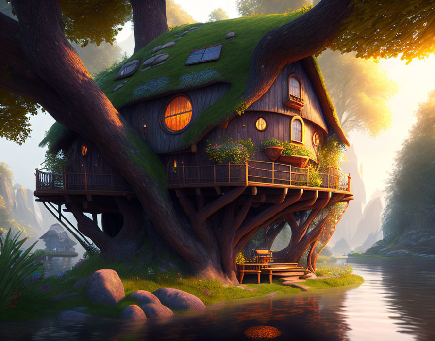 Whimsical treehouse with round windows and balcony in lush forest at sunrise