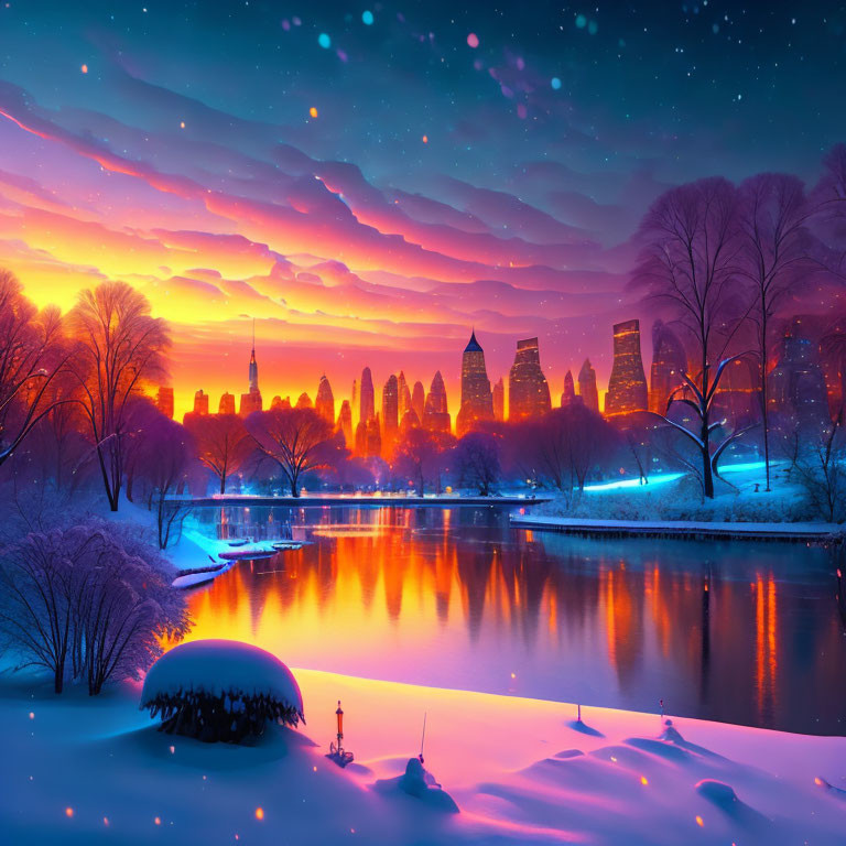 Snowy park and illuminated skyscrapers in vibrant winter cityscape