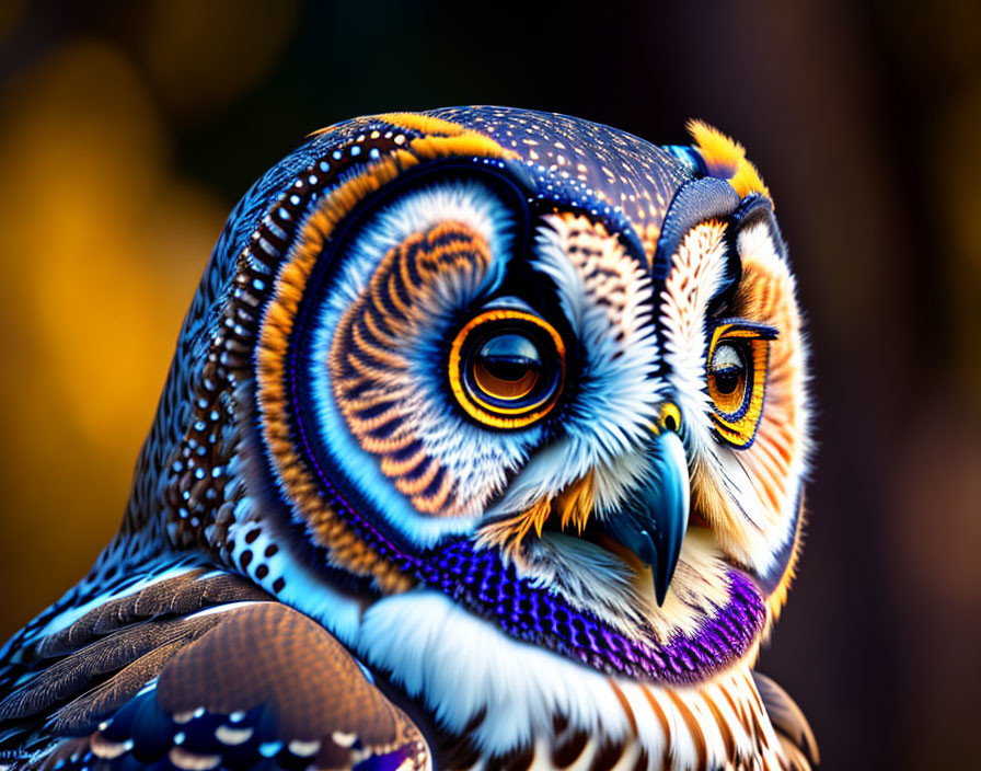 Colorful Illustrated Owl with Intricate Patterns and Luminous Eyes on Amber Background