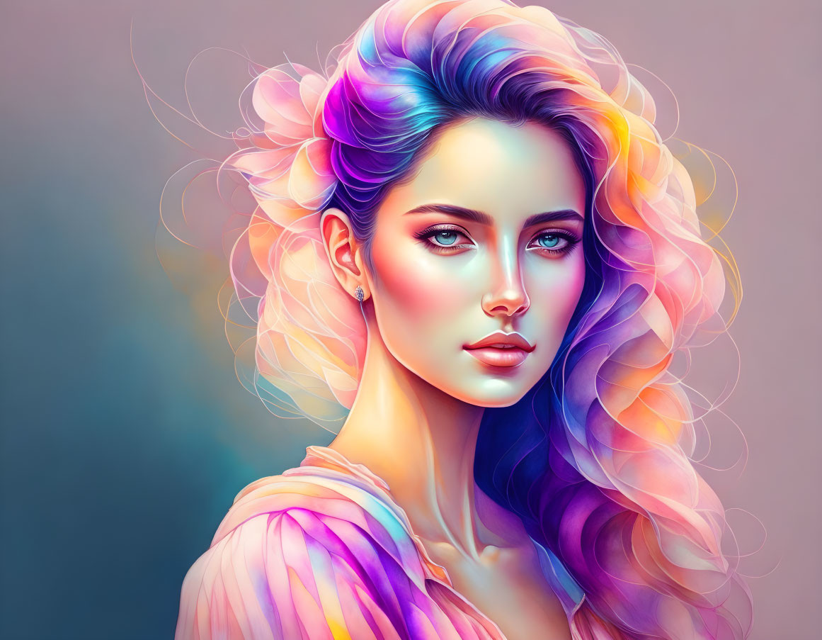 Colorful digital portrait of a woman with multi-colored hair and blue eyes on a soft background