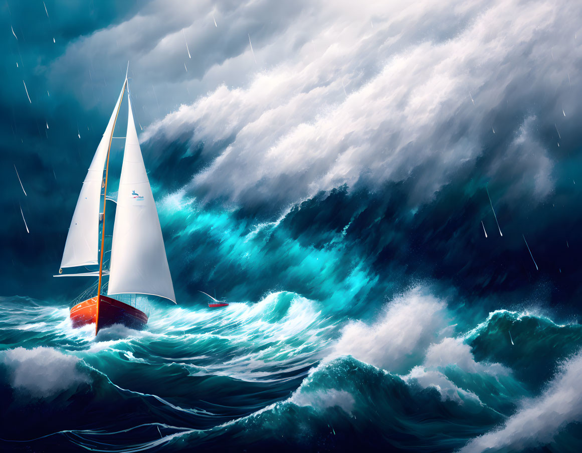 Sailboat in stormy seas with towering waves and dramatic sky