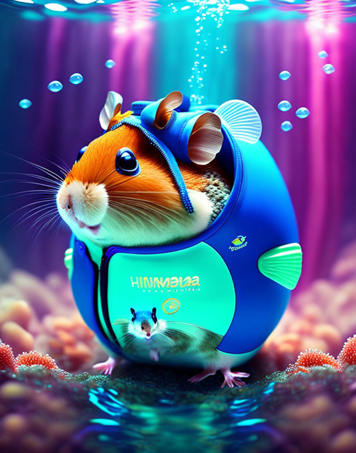 Colorful Underwater Scene: Hamster in Fish Submarine with Coral & Companion