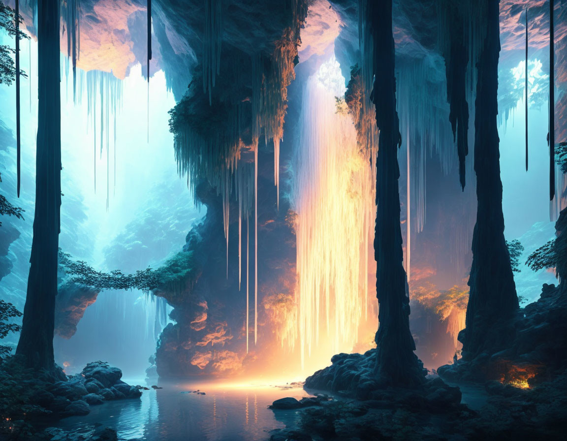 Mystical forest with ethereal waterfall and radiant light