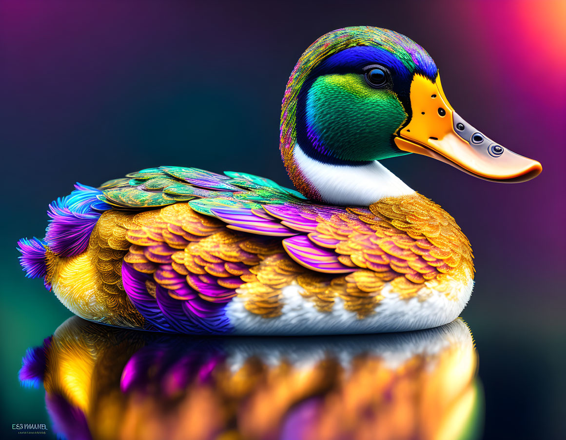 Colorful Stylized Duck with Vibrant Feathers and Glossy Reflection