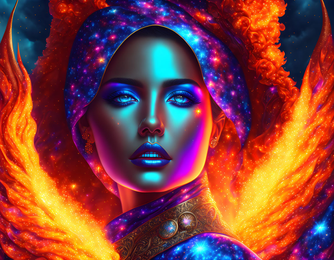 Blue-skinned woman in fiery cosmic digital art