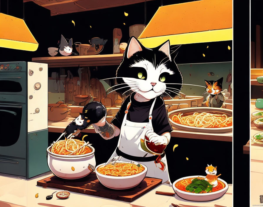 Animated cat in apron seasoning spaghetti with feline helpers in busy kitchen