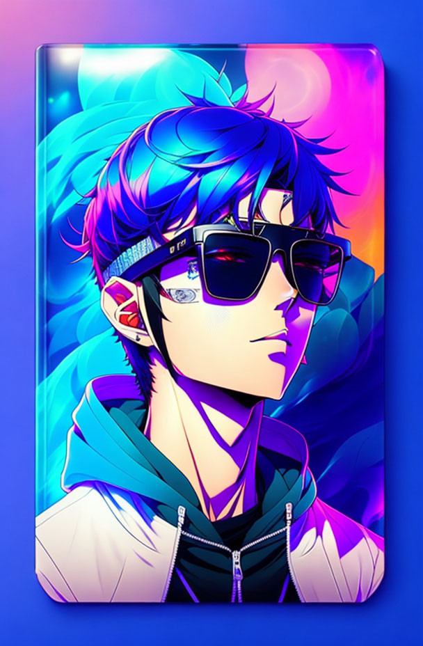 Colorful Anime-Style Illustration: Blue-Haired Person with Sunglasses and Headphones