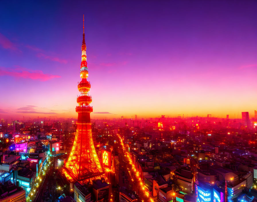 Tokyo Tower illuminated in orange against twilight skyline with city lights.