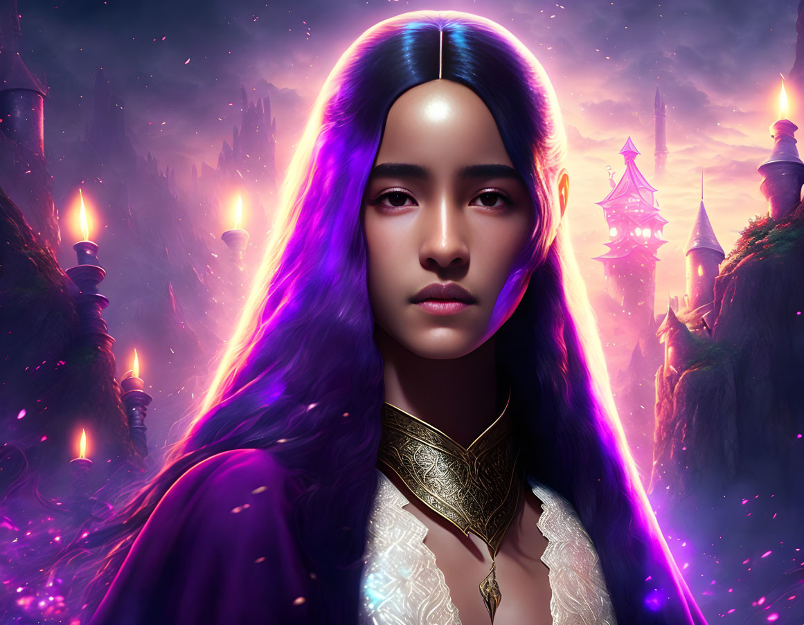 Fantasy portrait of woman with purple hair in mystical landscape