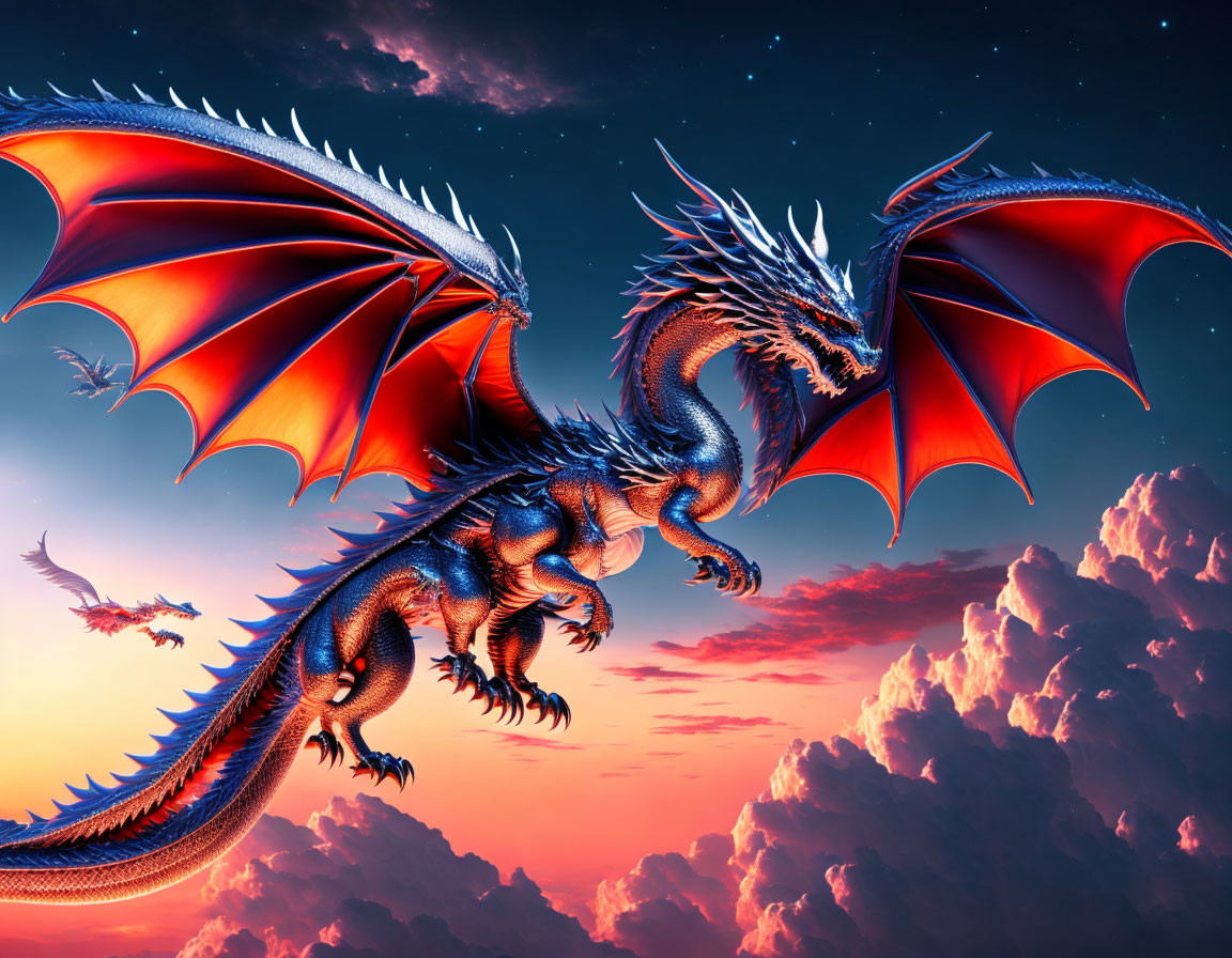 Blue dragon with red wings soaring in vibrant sunset among clouds