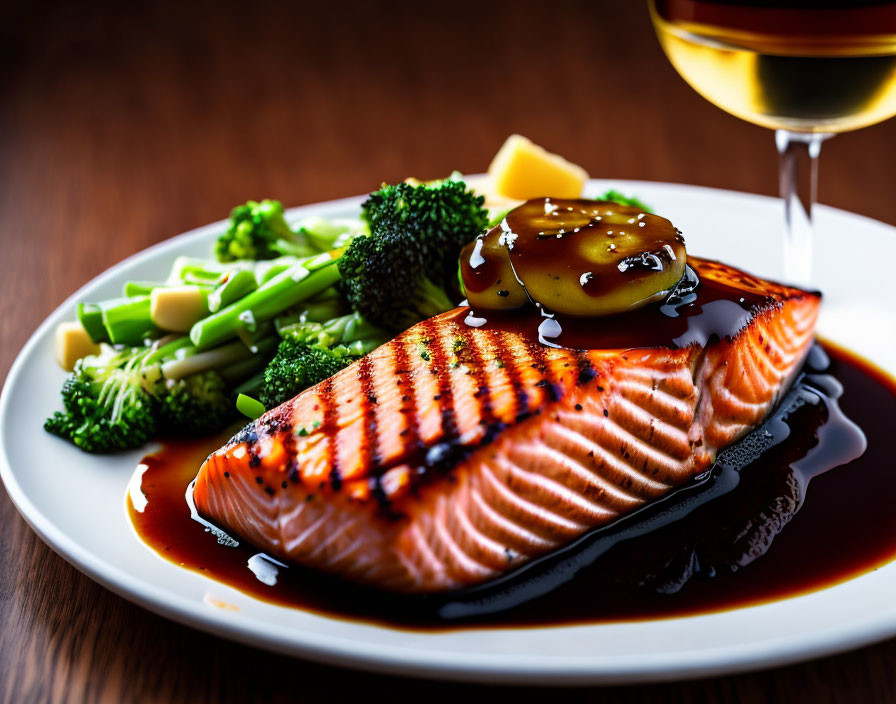 Grilled Salmon Fillet with Glaze and Broccoli, Lemon Slice, and White Wine