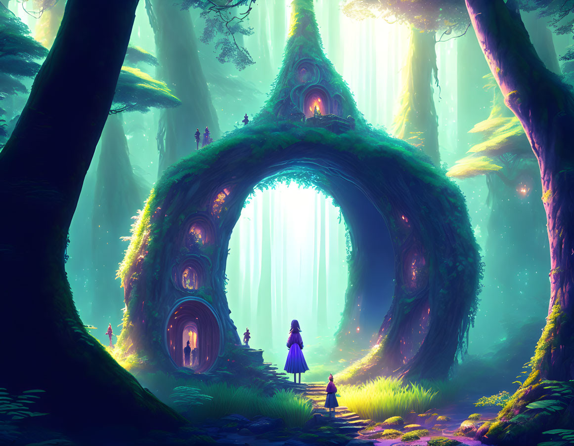 Enormous circular tree doorway in mystical forest with ethereal light