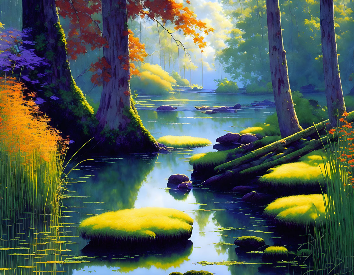 Serene forest scene with lush greenery, river, and colorful foliage