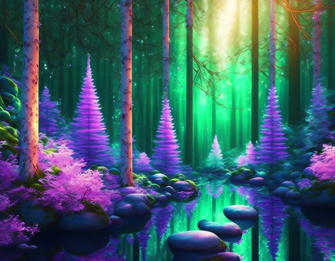 Mystical forest with vibrant purple and pink hues and serene stream