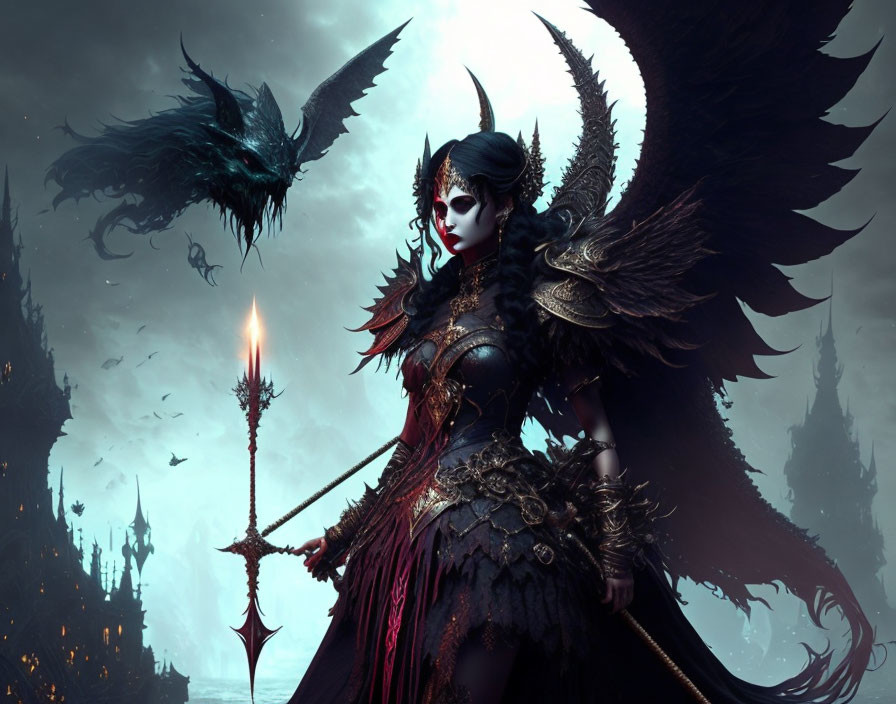 Gothic armored female warrior with spear in dark fantasy scene