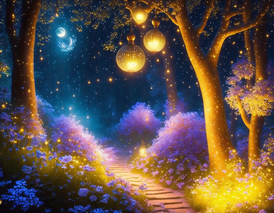 Enchanting night forest with glowing lanterns and crescent moon