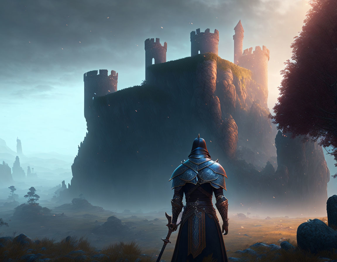 Knight in armor at castle on misty cliff at dusk