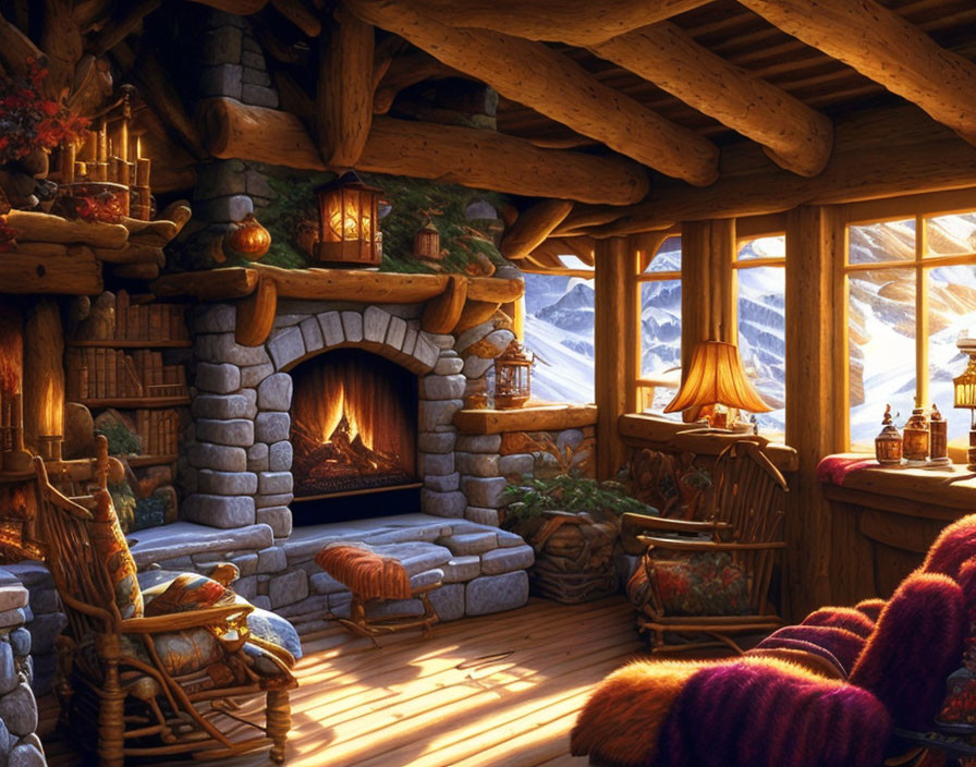 Rustic log cabin interior with fireplace, wooden beams, plush seating, snowy mountain view