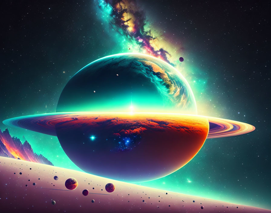 Colorful Space Scene with Ringed Planet and Nebula