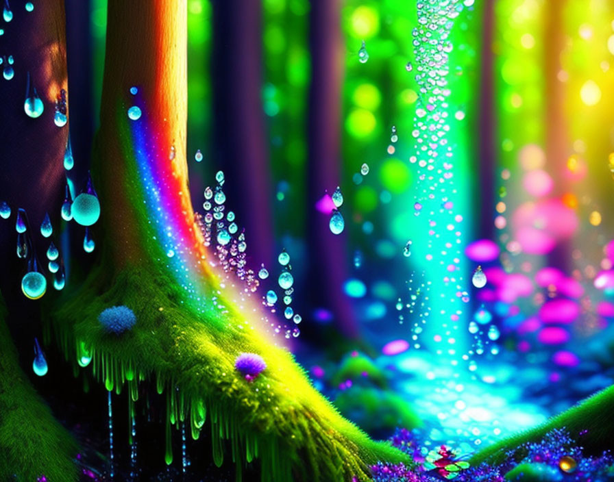 Fantasy forest scene with rainbow light and luminescent plants