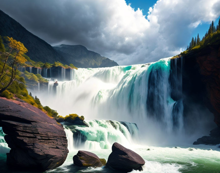 Scenic waterfall flowing into river with lush cliffs and trees