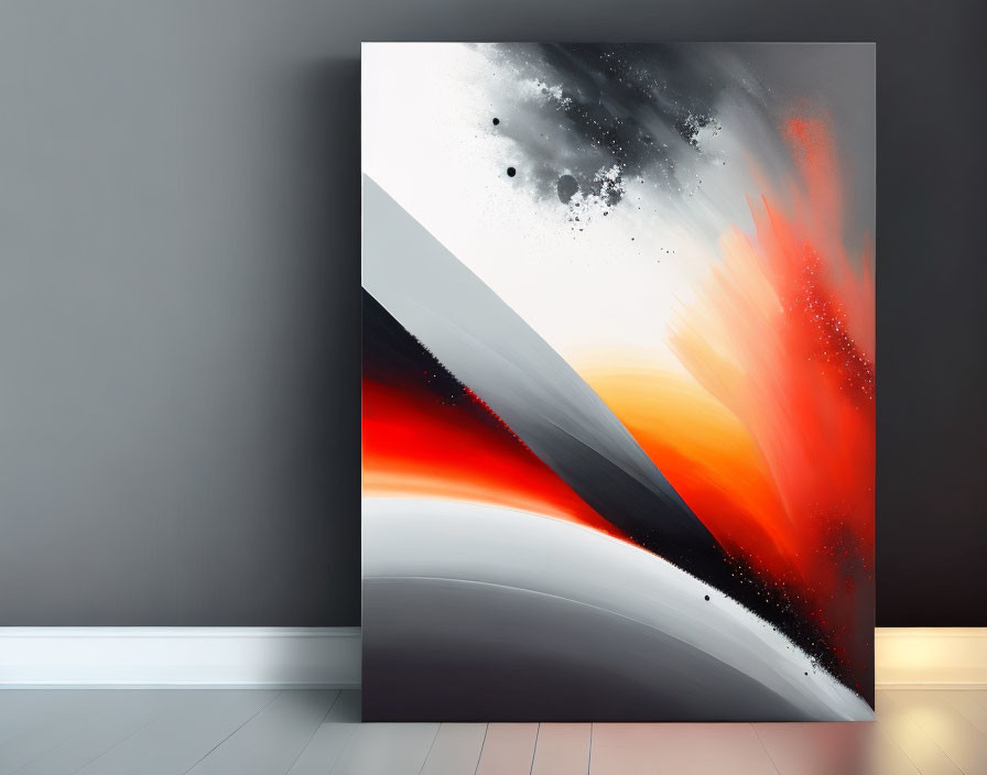 Dynamic Red, Black, and White Abstract Painting on Canvas in Room Setting