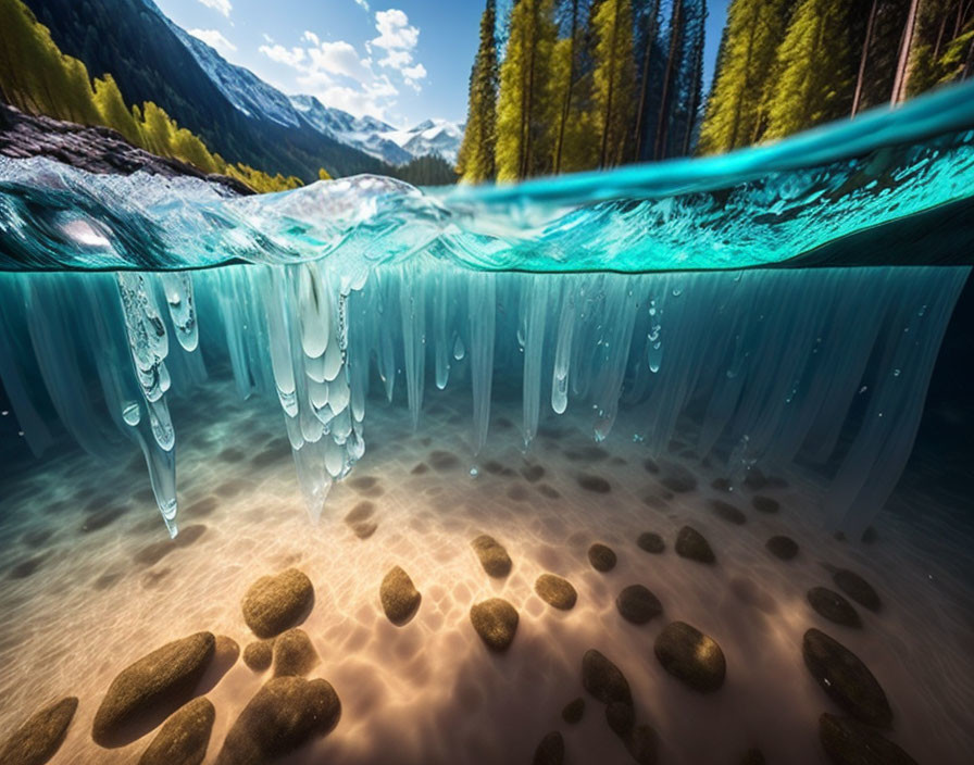 Split View: Clear Mountain River Above and Below Water